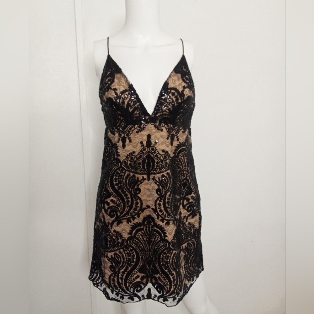 Free People Sequin Lace Deep V  Night Shimmer Mini Dress